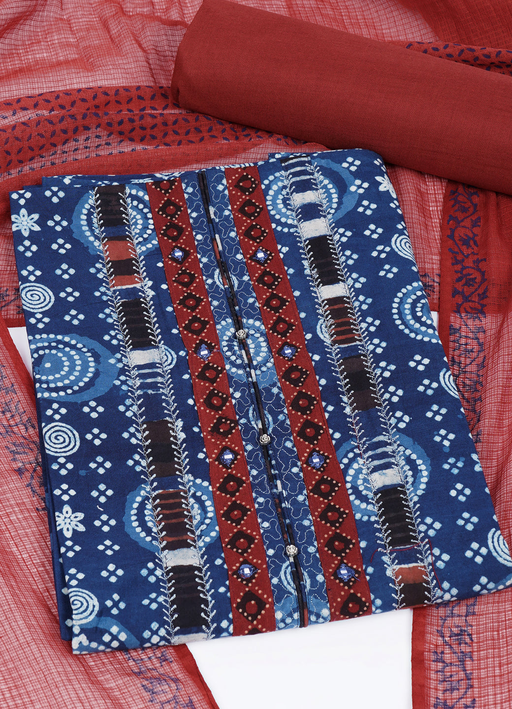Indigo Bandhani Print Cotton Unstitched Suit Set with Embroidered Yoke & Rust Dupatta Material.