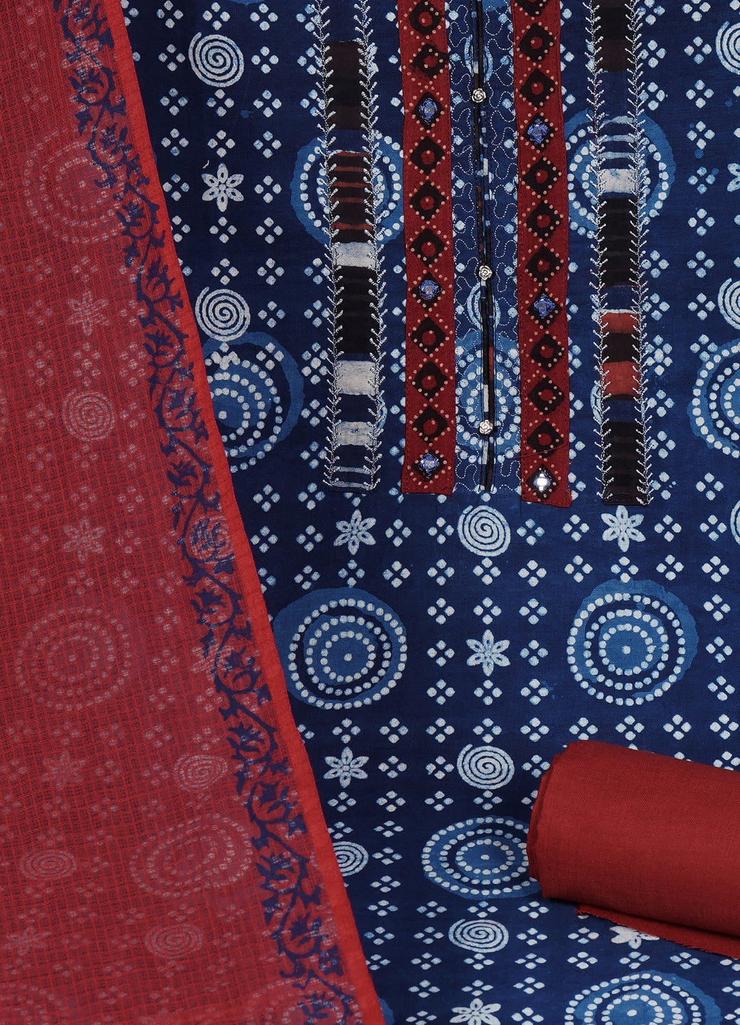Indigo Bandhani Print Cotton Unstitched Suit Set with Embroidered Yoke & Rust Dupatta Material.