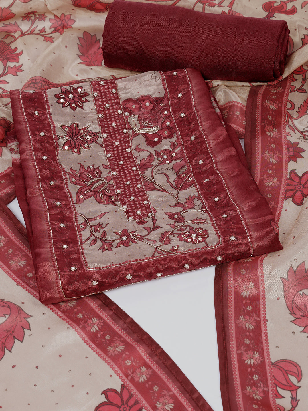 Digitally printed art silk unstitched suit Set with Zardosi Work.