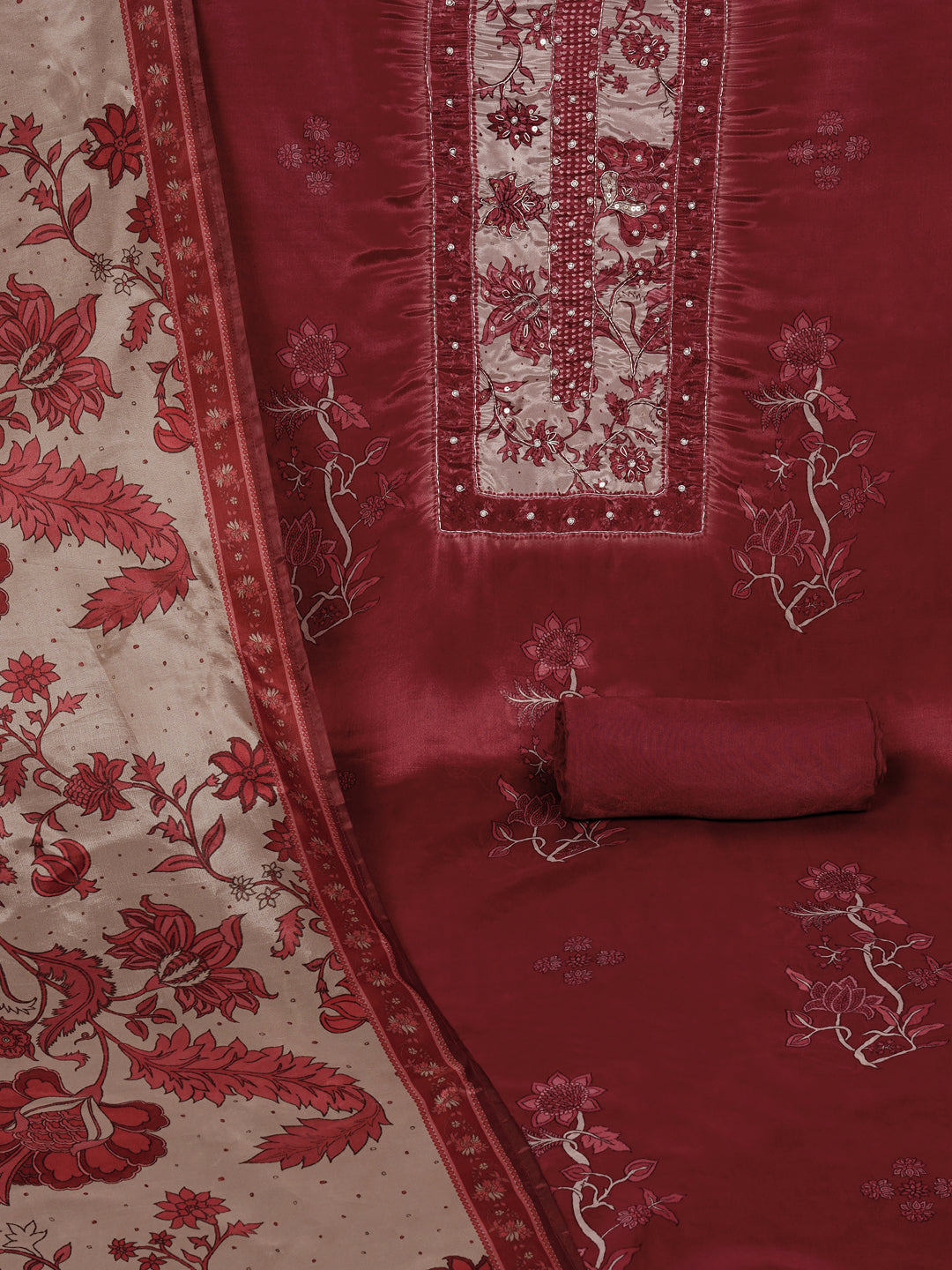 Digitally printed art silk unstitched suit Set with Zardosi Work.