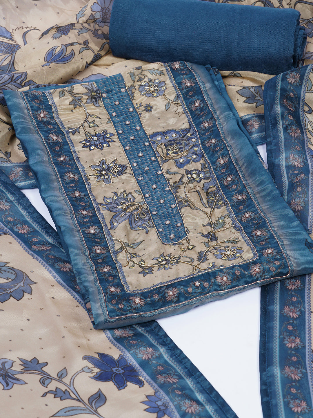 Digitally printed art silk unstitched suit Set with Zardosi Work.