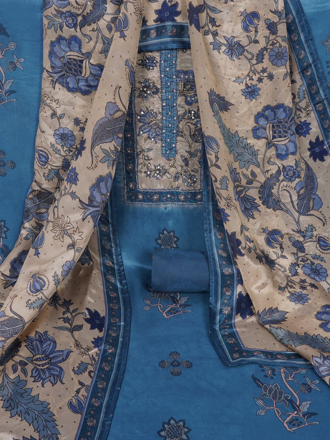 Digitally printed art silk unstitched suit Set with Zardosi Work.