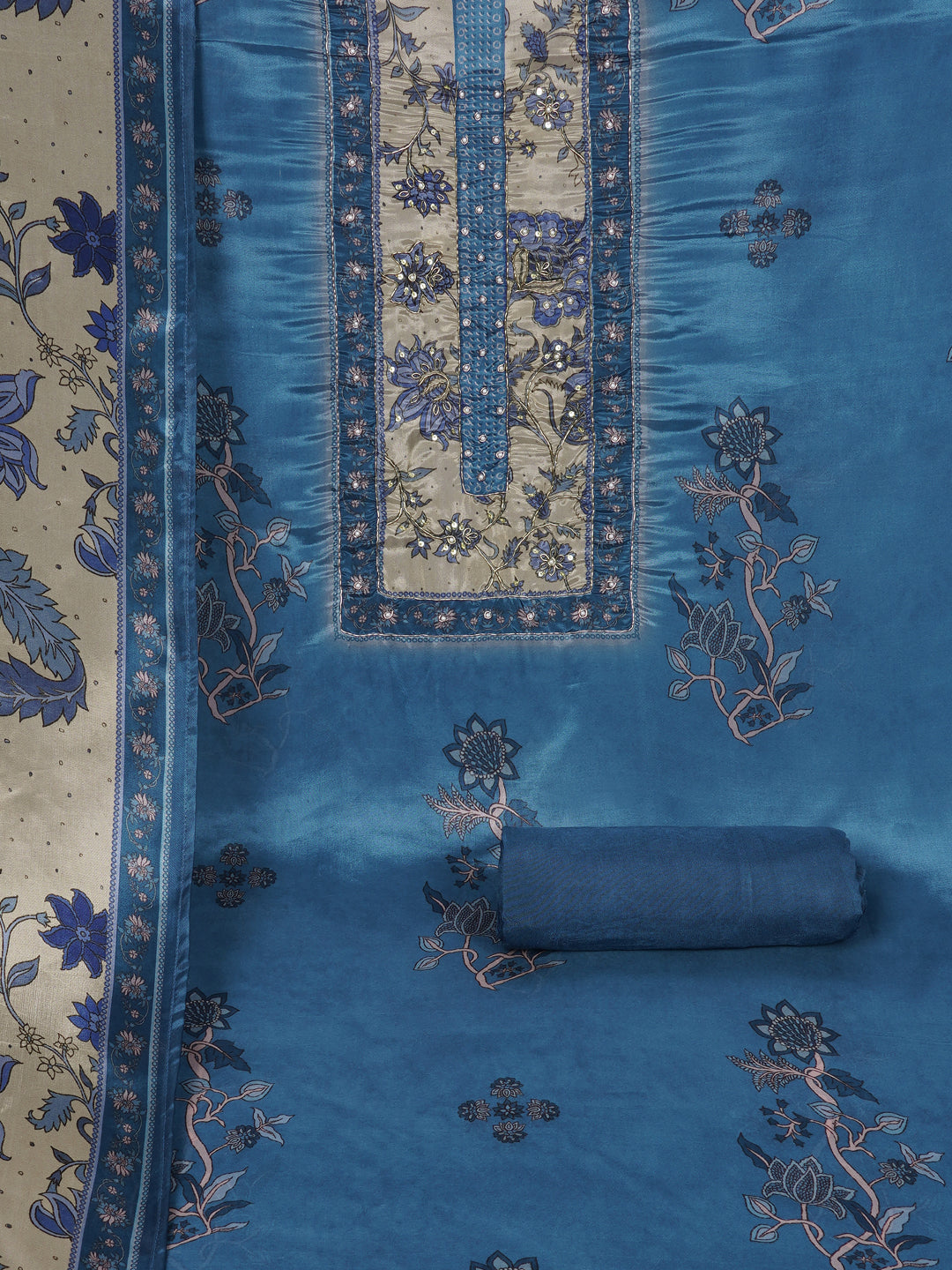 Digitally printed art silk unstitched suit Set with Zardosi Work.