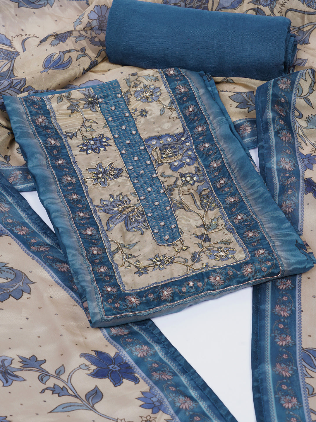 Digitally printed art silk unstitched suit Set with Zardosi Work.