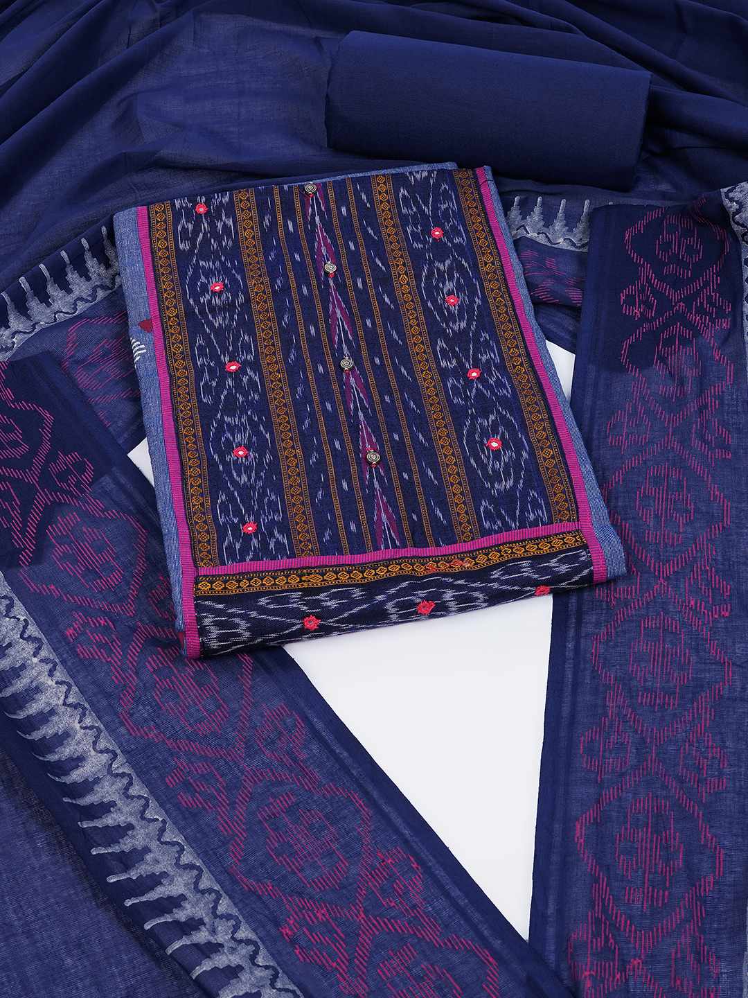 Unstitched cotton Suit Set in Soft Fabric with Ikat Yoke & Block Print Dupatta.(Blue)