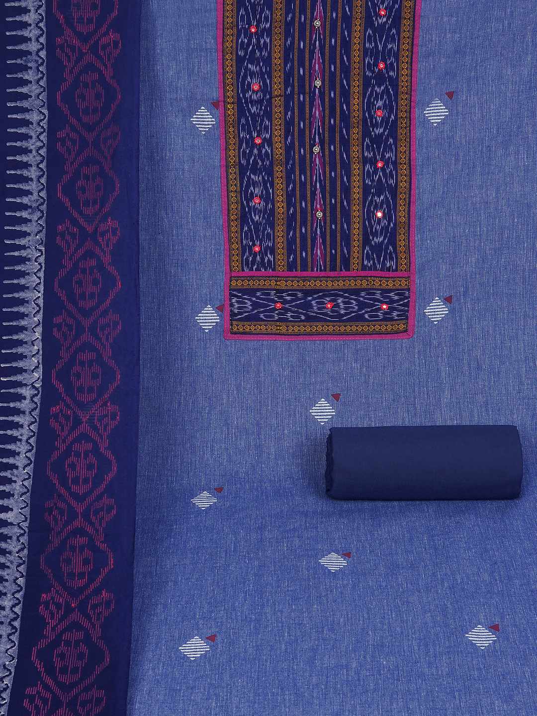 Unstitched cotton Suit Set in Soft Fabric with Ikat Yoke & Block Print Dupatta.(Blue)