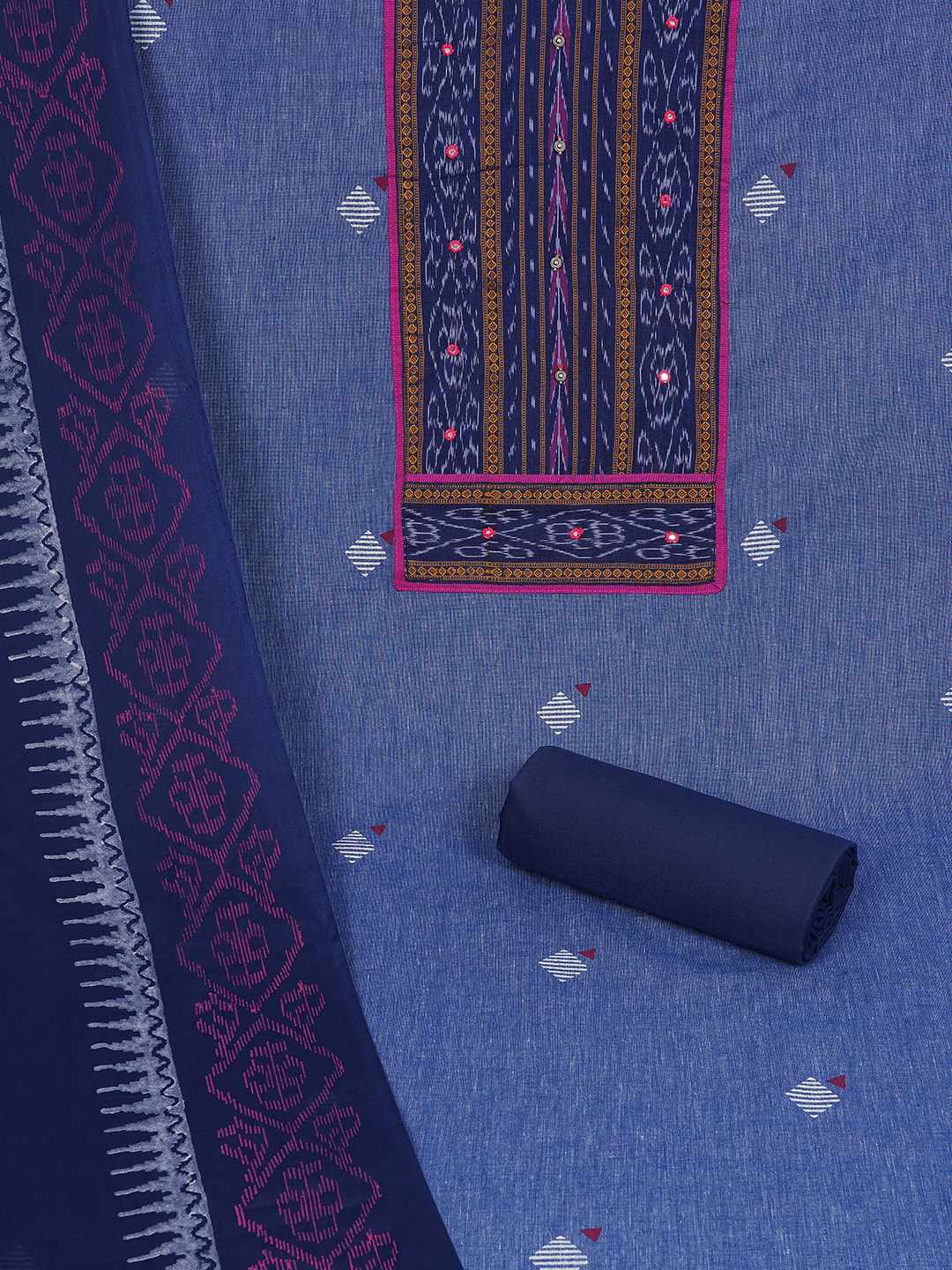 Unstitched cotton Suit Set in Soft Fabric with Ikat Yoke & Block Print Dupatta.(Blue)