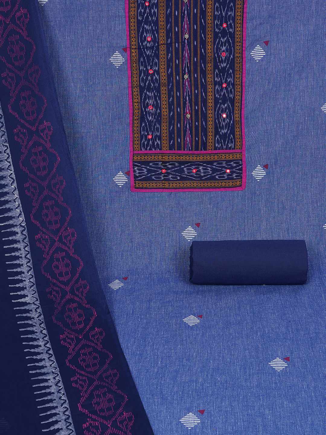 Unstitched cotton Suit Set in Soft Fabric with Ikat Yoke & Block Print Dupatta.(Blue)