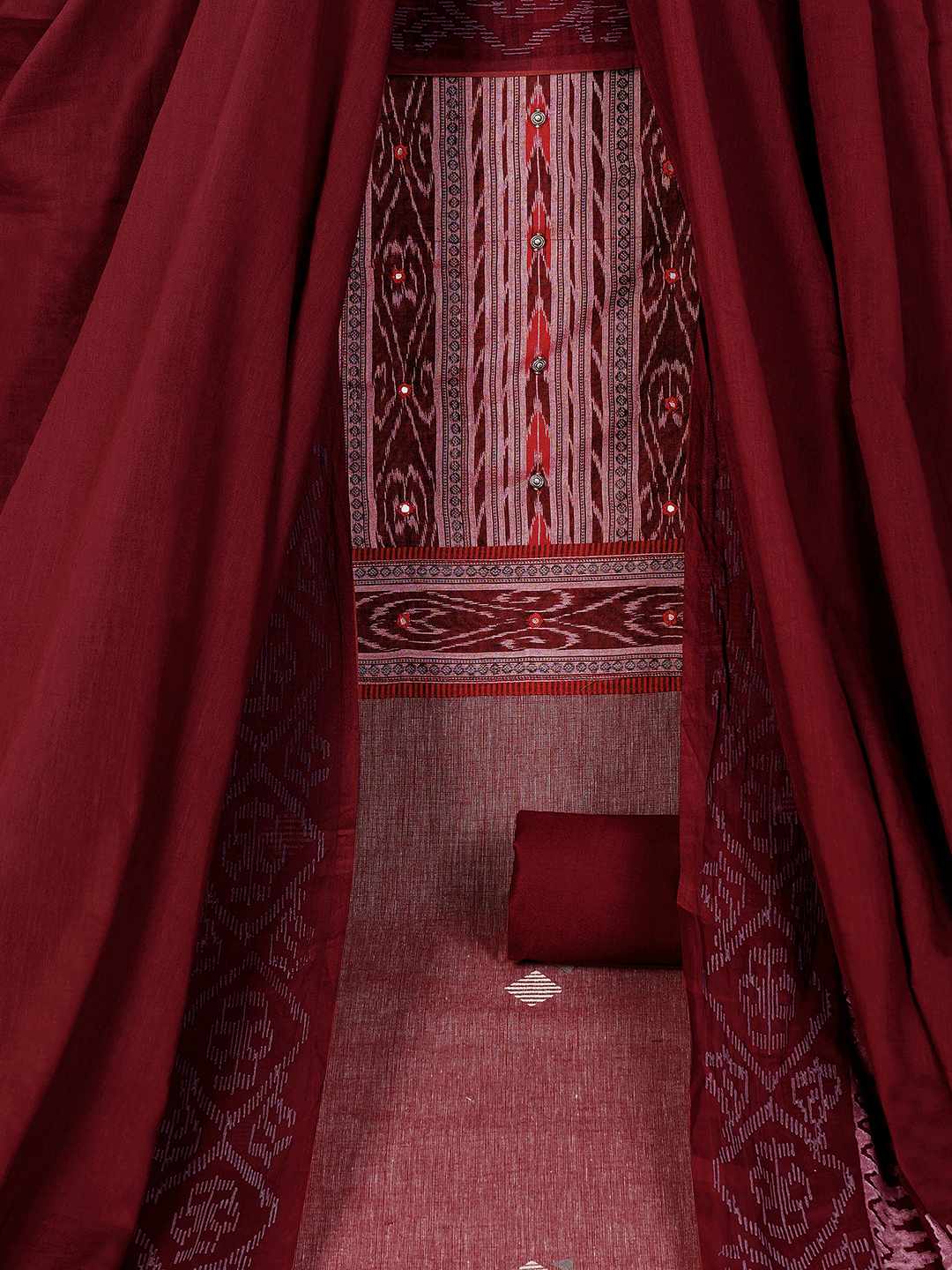 Unstitched cotton Suit Set in Soft Fabric with Ikat Yoke & Block Print Dupatta.(Maroon)