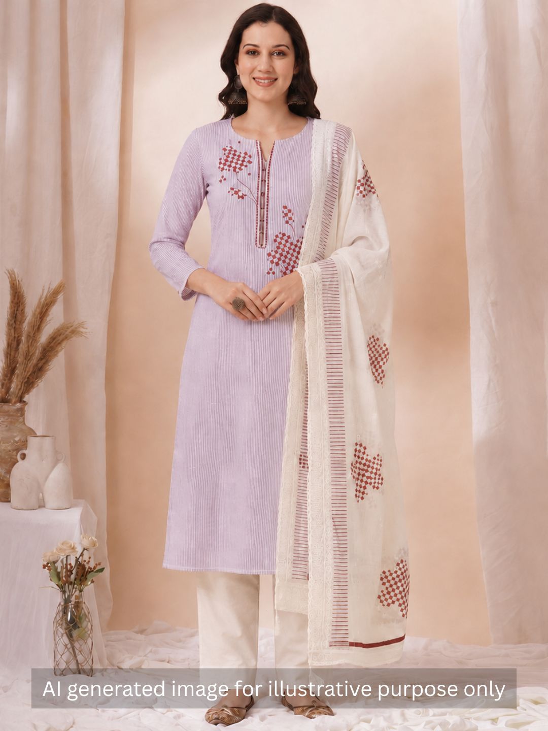 Unstitched Cotton Dress Material with Mirror Work paired with Plain Bottom & printed dupatta.(Pink)
