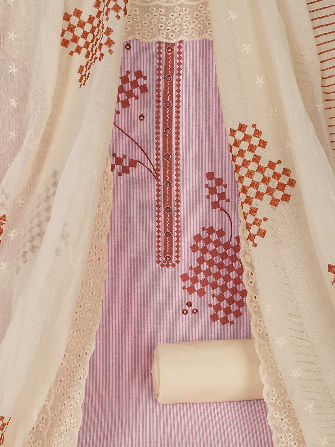 Unstitched Cotton Dress Material with Mirror Work paired with Plain Bottom & printed dupatta.(Pink)