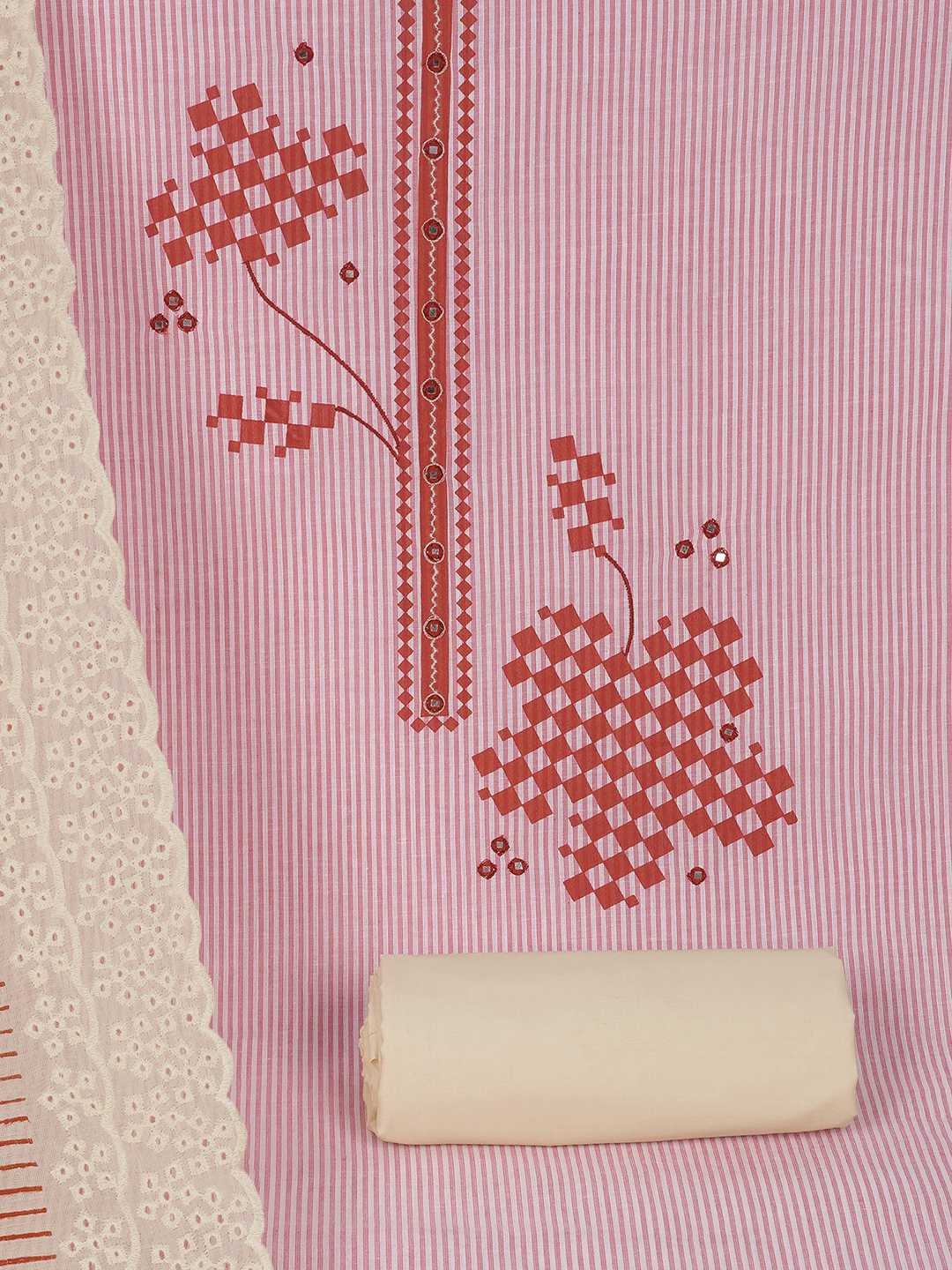 Unstitched Cotton Dress Material with Mirror Work paired with Plain Bottom & printed dupatta.(Pink)