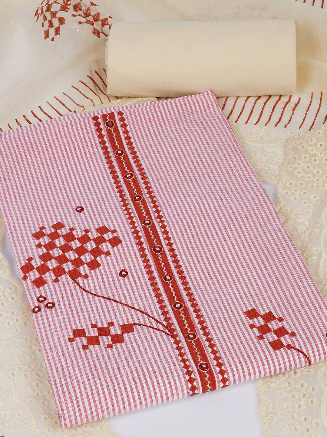 Unstitched Cotton Dress Material with Mirror Work paired with Plain Bottom & printed dupatta.(Pink)