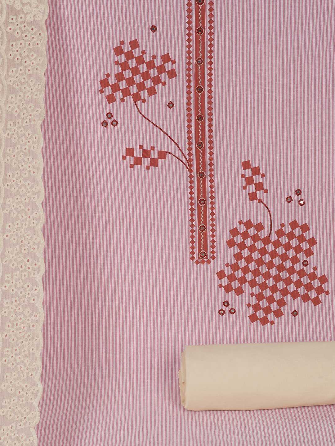 Unstitched Cotton Dress Material with Mirror Work paired with Plain Bottom & printed dupatta.(Pink)
