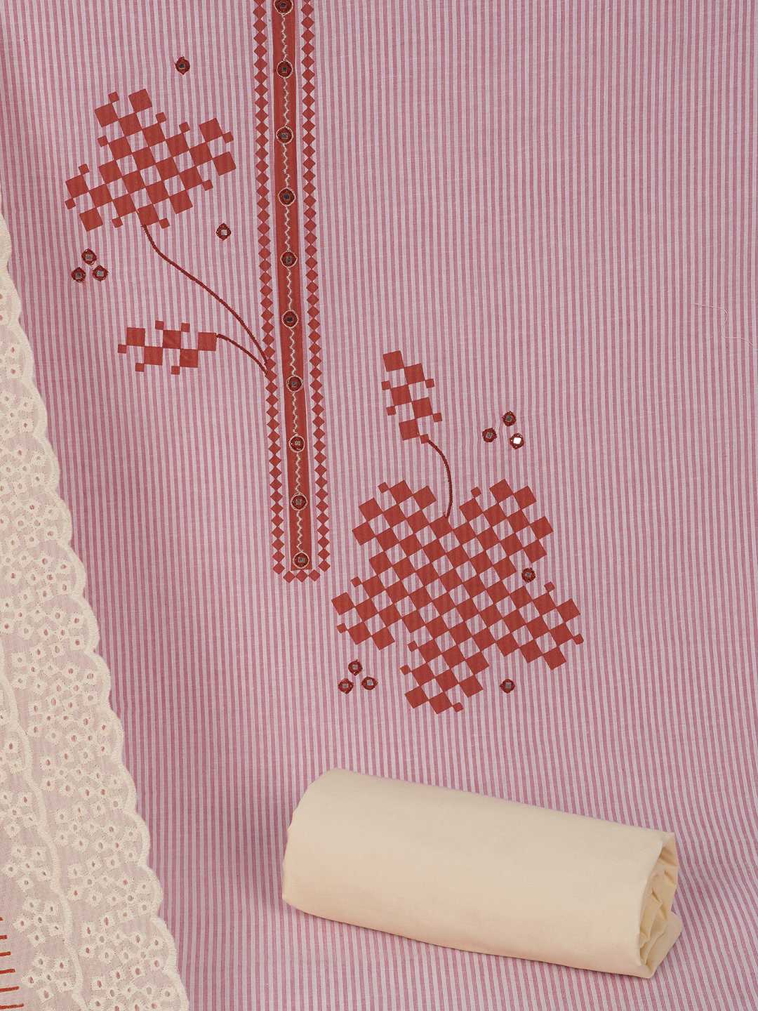 Unstitched Cotton Dress Material with Mirror Work paired with Plain Bottom & printed dupatta.(Pink)
