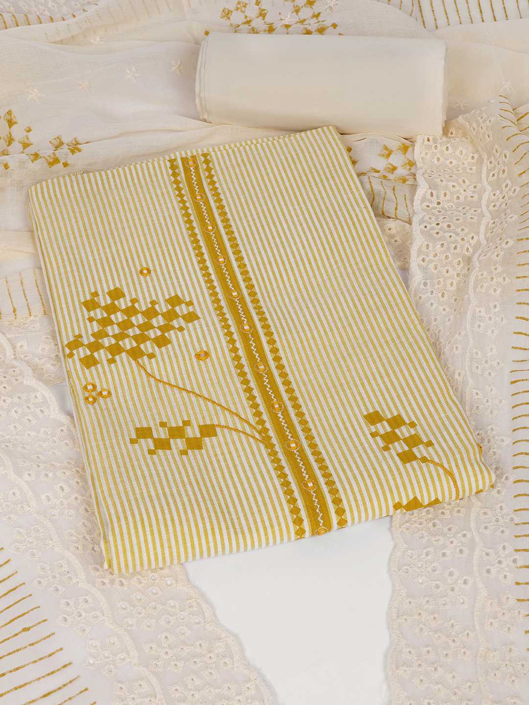 Unstitched Cotton Dress Material with Mirror Work paired with Plain Bottom & printed dupatta.(Yellow)
