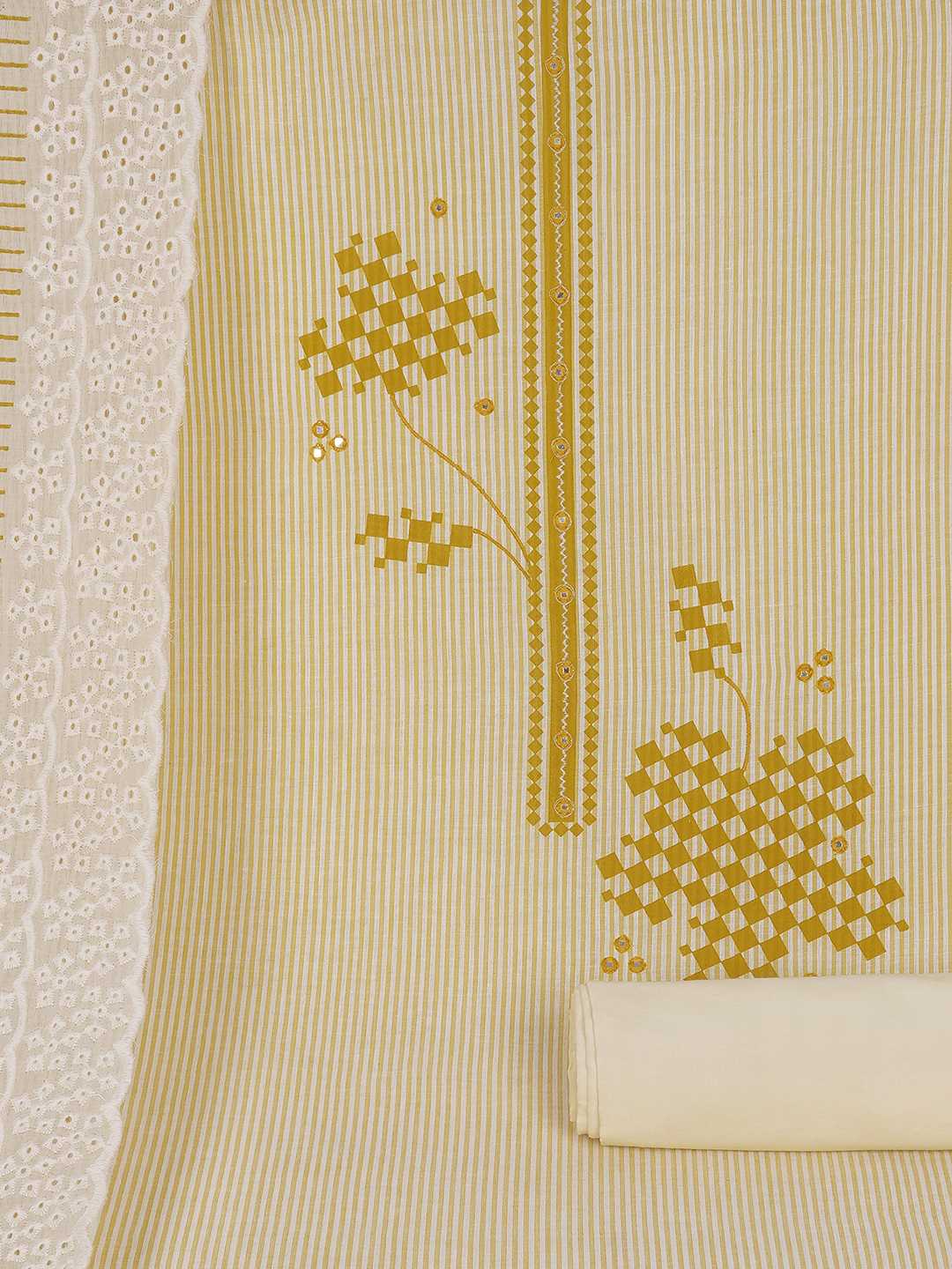 Unstitched Cotton Dress Material with Mirror Work paired with Plain Bottom & printed dupatta.(Yellow)