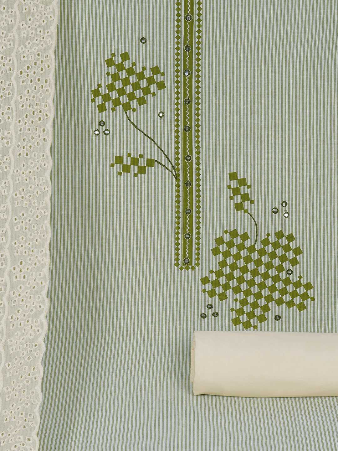 Unstitched Cotton Dress Material with Mirror Work paired with Plain Bottom & printed dupatta.(Green)