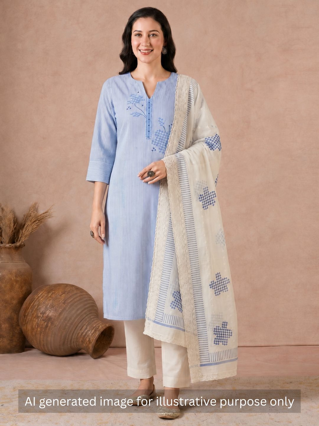 Unstitched Cotton Dress Material with Mirror Work paired with Plain Bottom & printed dupatta.(Blue)
