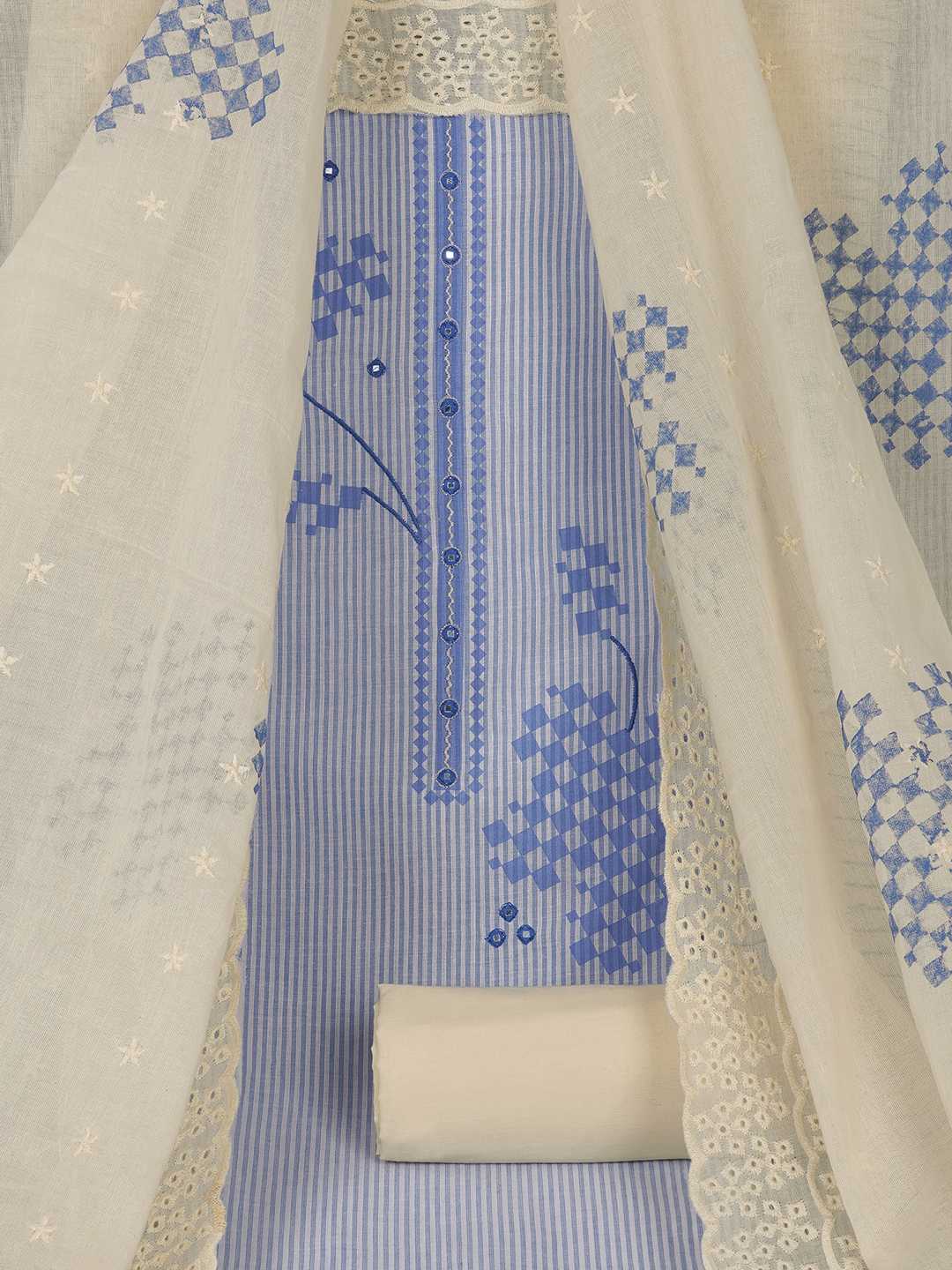 Unstitched Cotton Dress Material with Mirror Work paired with Plain Bottom & printed dupatta.(Blue)