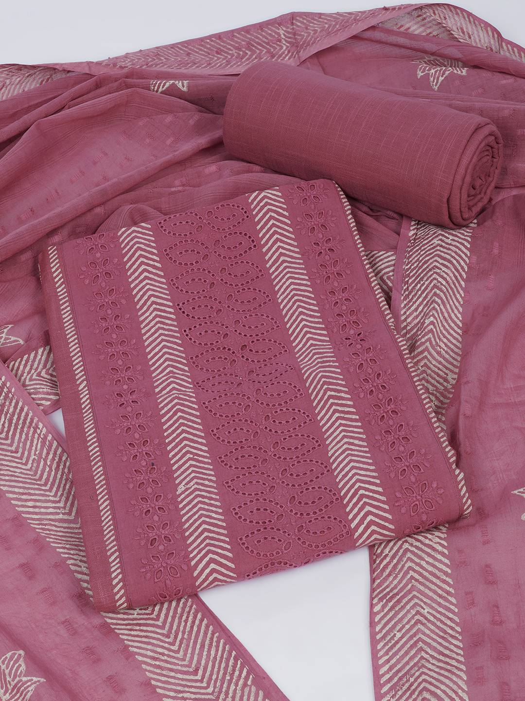 Unstitched Cotton Schiffli Embroidered Suit Set with Solid Bottom & Printed Dupatta.(Pink)