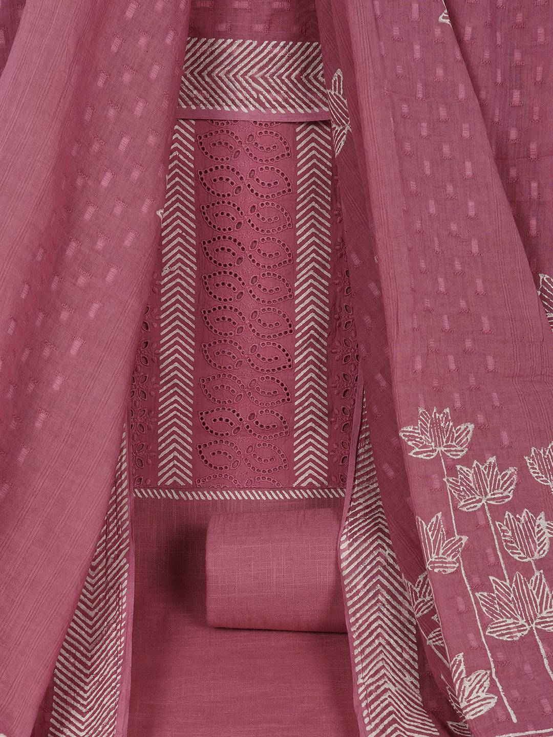 Unstitched Cotton Schiffli Embroidered Suit Set with Solid Bottom & Printed Dupatta.(Pink)