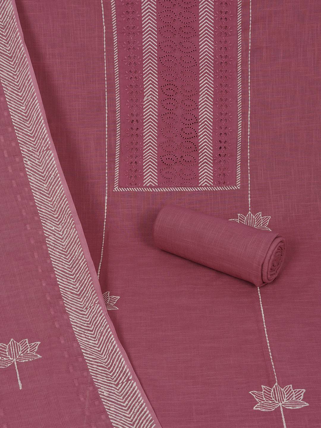 Unstitched Cotton Schiffli Embroidered Suit Set with Solid Bottom & Printed Dupatta.(Pink)