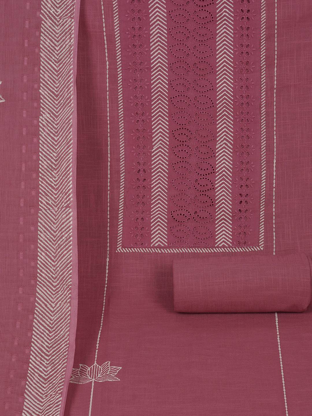 Unstitched Cotton Schiffli Embroidered Suit Set with Solid Bottom & Printed Dupatta.(Pink)