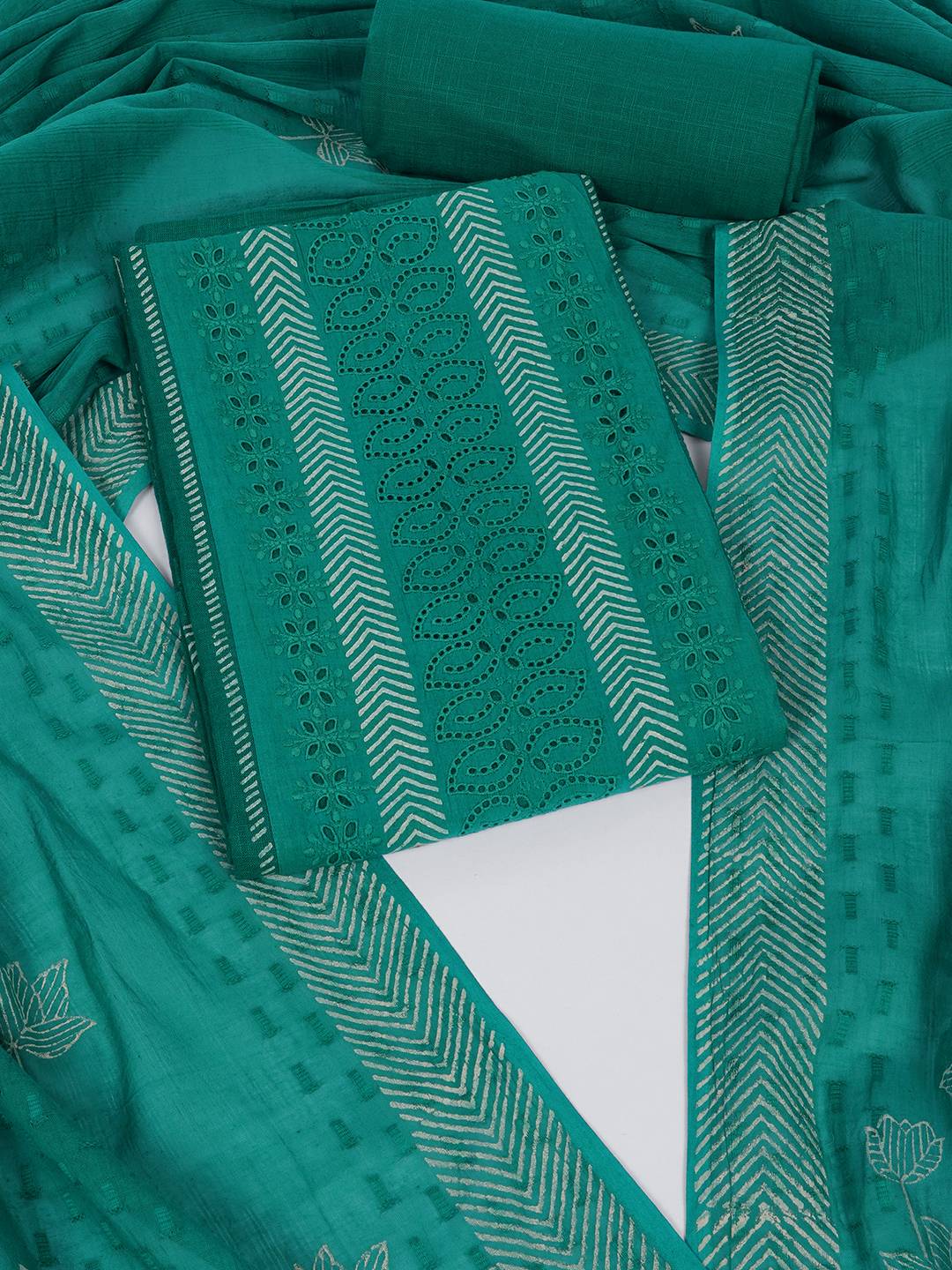 Unstitched Cotton Schiffli Embroidered Suit Set with Solid Bottom & Printed Dupatta.(Green)