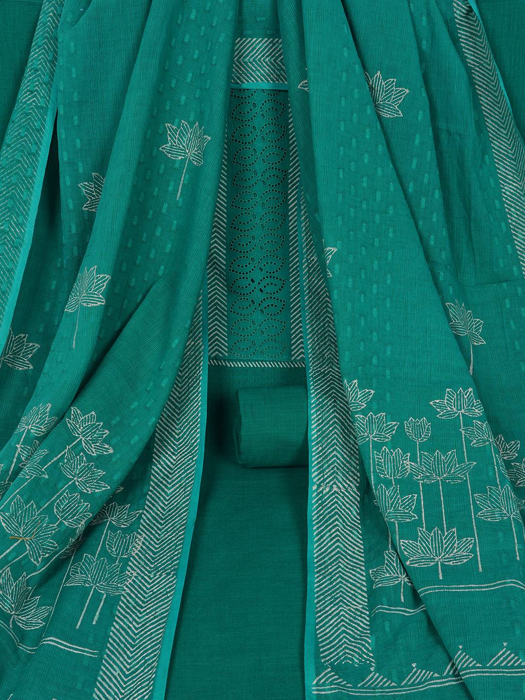 Unstitched Cotton Schiffli Embroidered Suit Set with Solid Bottom & Printed Dupatta.(Green)
