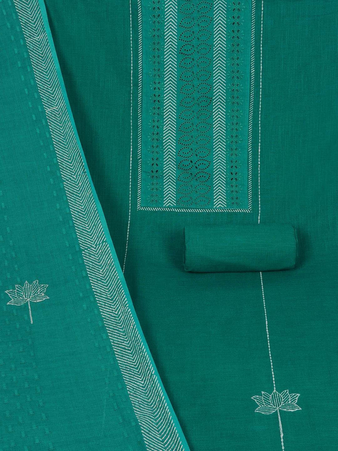 Unstitched Cotton Schiffli Embroidered Suit Set with Solid Bottom & Printed Dupatta.(Green)