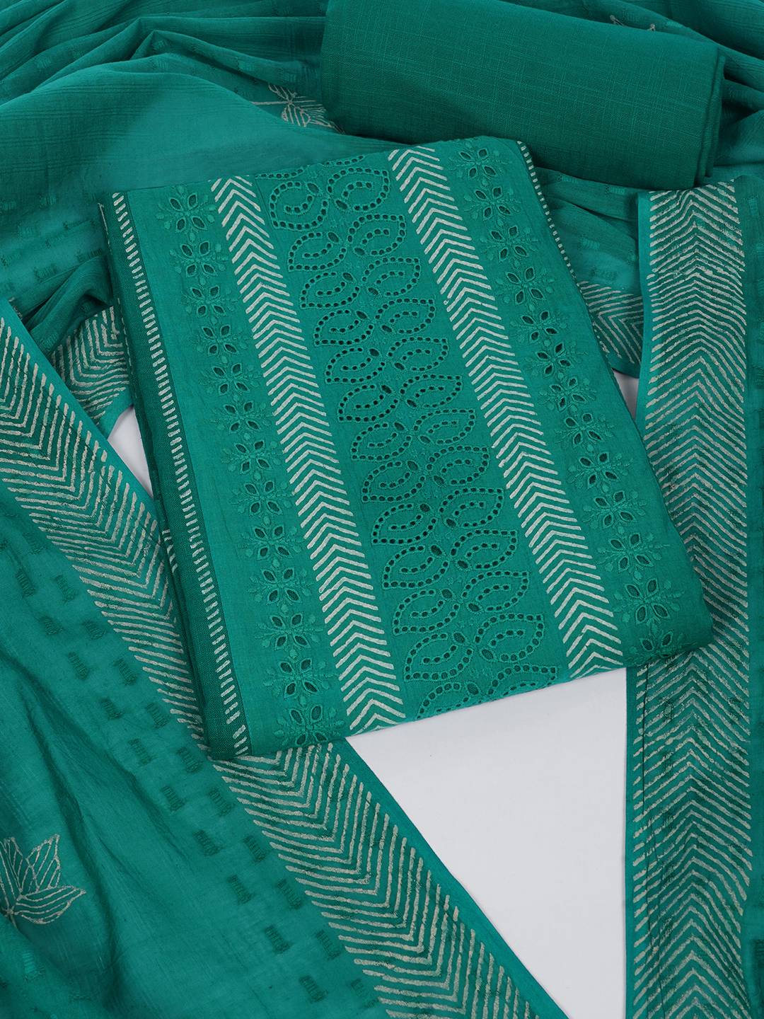 Unstitched Cotton Schiffli Embroidered Suit Set with Solid Bottom & Printed Dupatta.(Green)