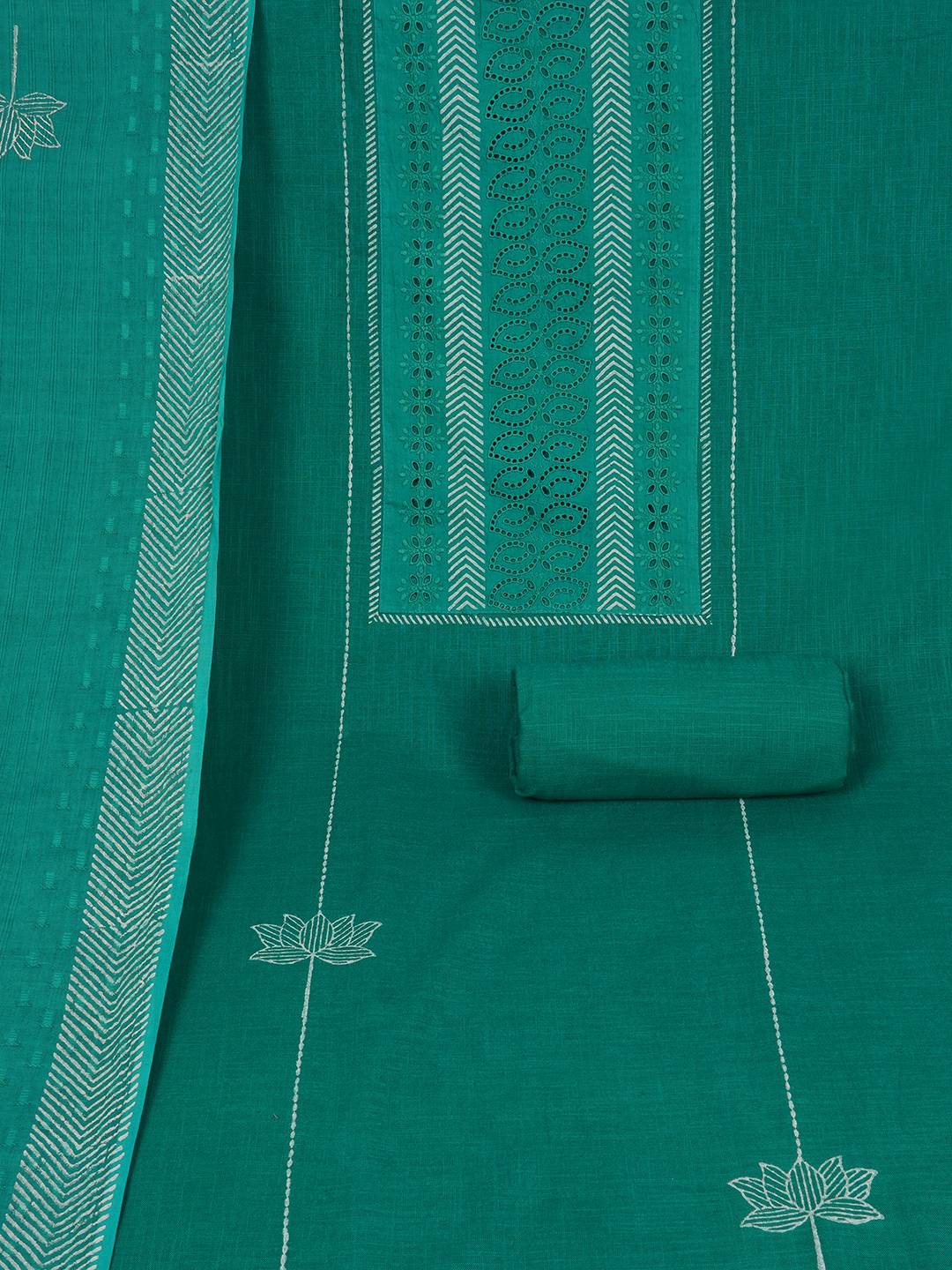 Unstitched Cotton Schiffli Embroidered Suit Set with Solid Bottom & Printed Dupatta.(Green)