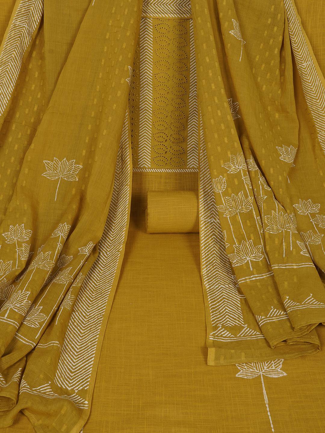 Unstitched Cotton Schiffli Embroidered Suit Set with Solid Bottom & Printed Dupatta.(Yellow)