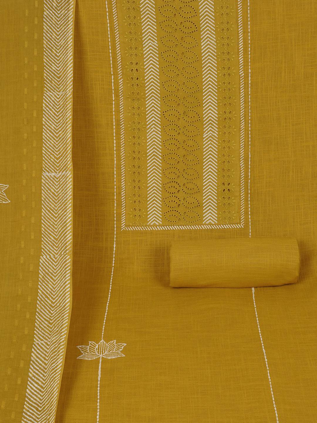 Unstitched Cotton Schiffli Embroidered Suit Set with Solid Bottom & Printed Dupatta.(Yellow)