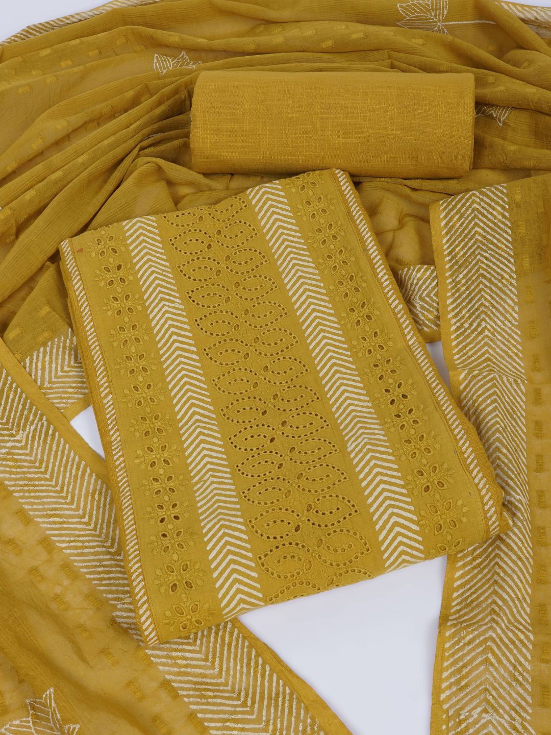 Unstitched Cotton Schiffli Embroidered Suit Set with Solid Bottom & Printed Dupatta.(Yellow)