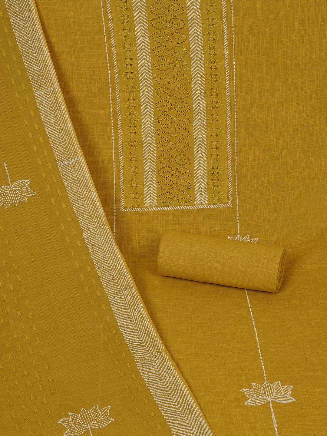 Unstitched Cotton Schiffli Embroidered Suit Set with Solid Bottom & Printed Dupatta.(Yellow)