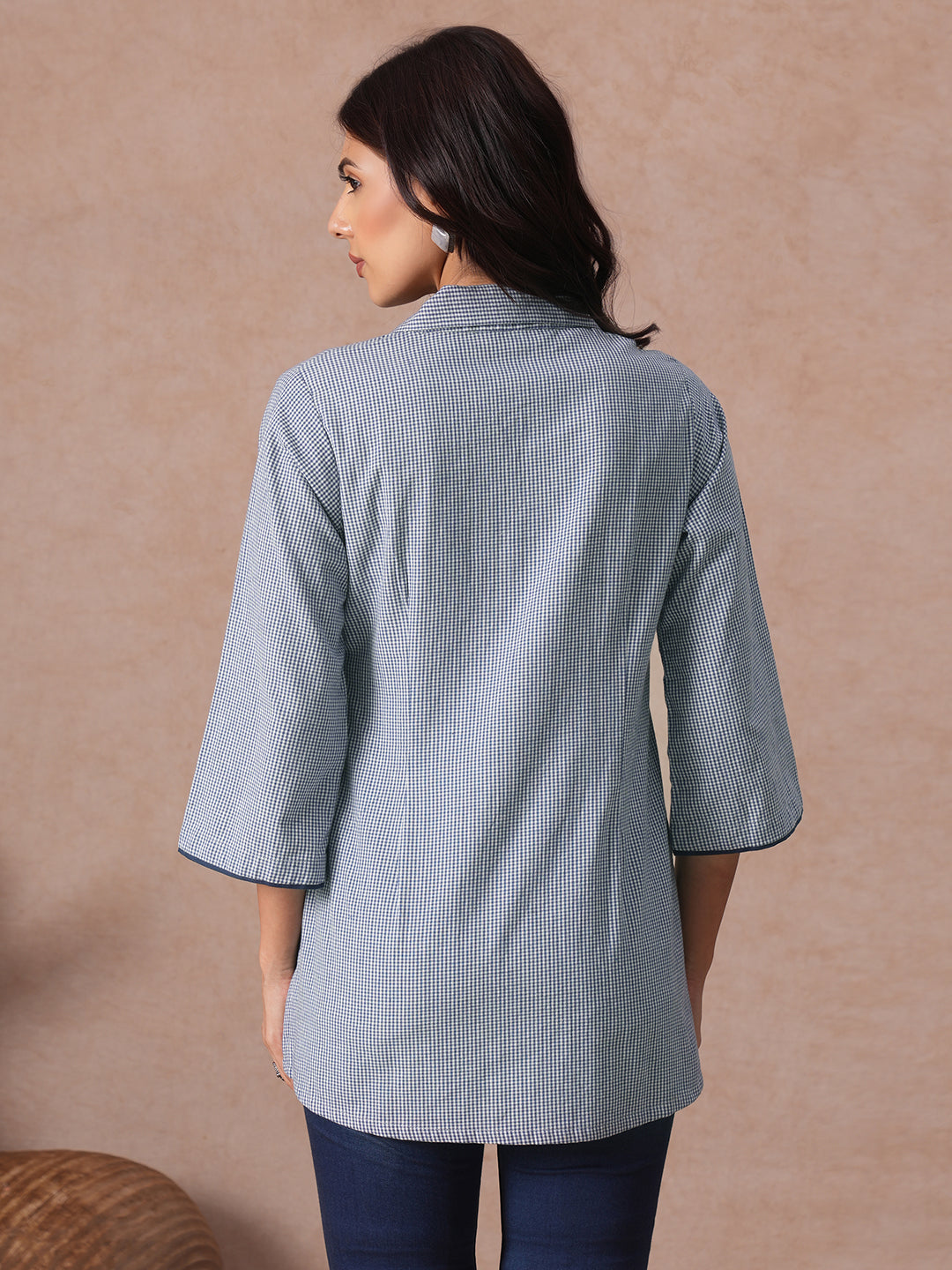 Micro Checks Shirt Style Cotton Top with Floral Applique, Bell Sleeves, Half Collar & Box Pleat.