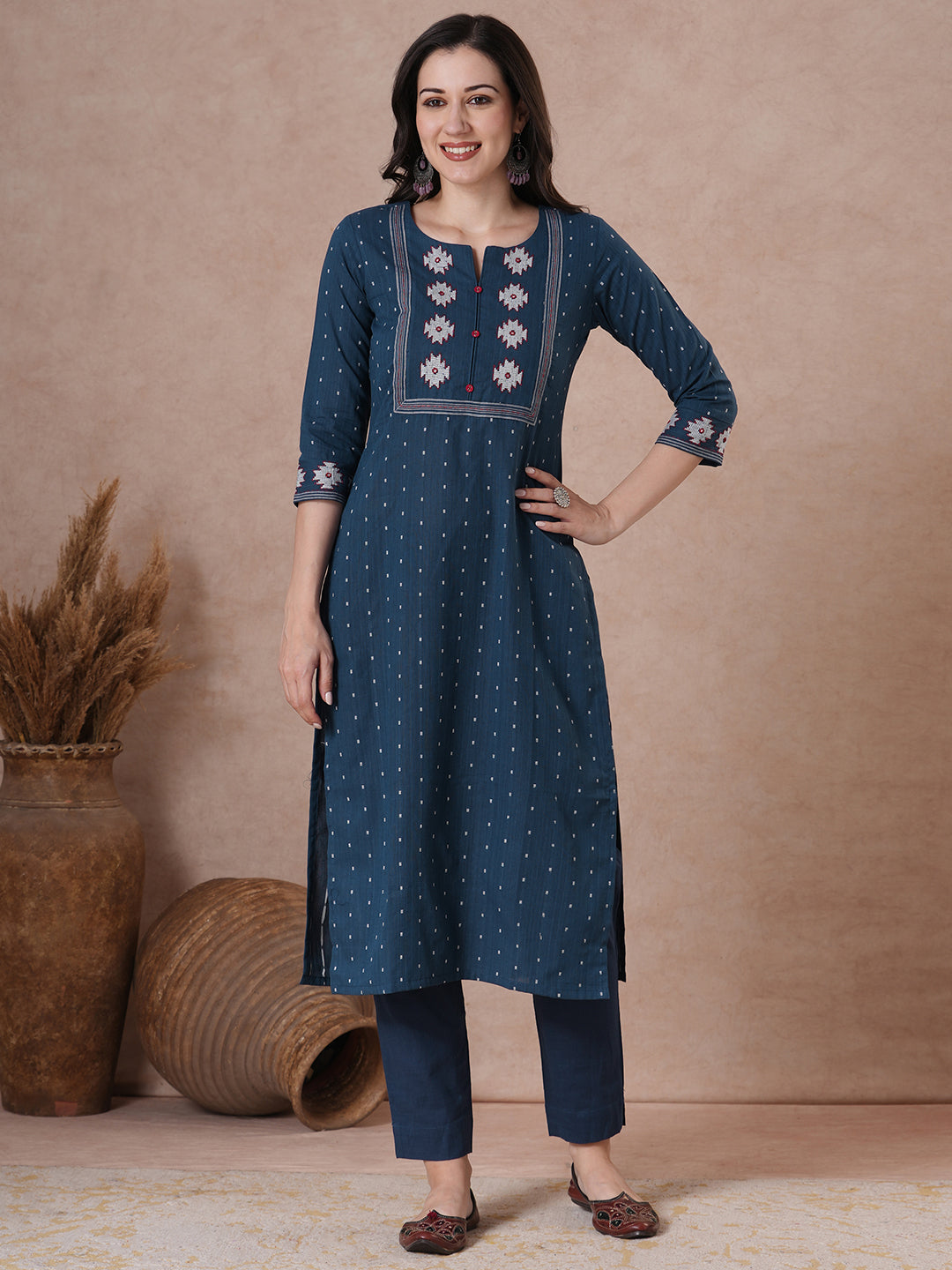 Straight Fit Cotton Printed Kurta with Elegant Embroidered Yoke & 3/4 Sleeves