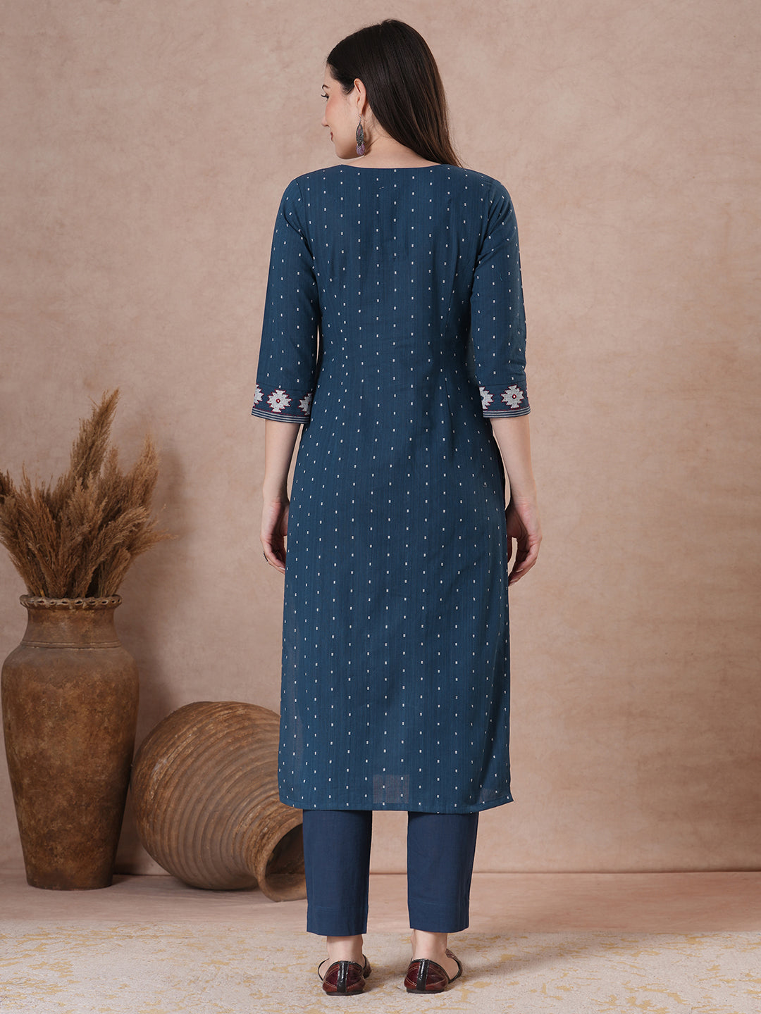 Straight Fit Cotton Printed Kurta with Elegant Embroidered Yoke & 3/4 Sleeves