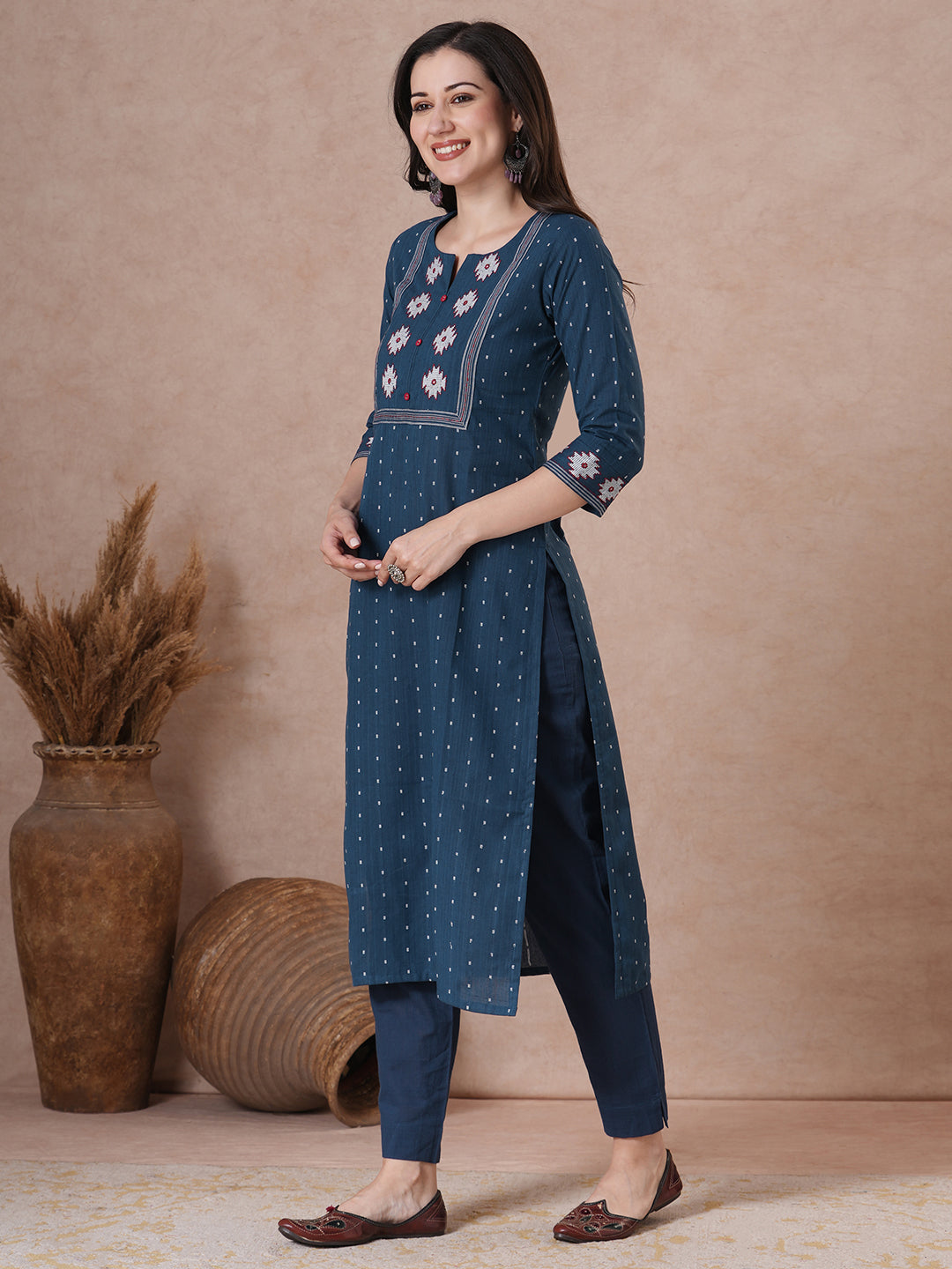 Straight Fit Cotton Printed Kurta with Elegant Embroidered Yoke & 3/4 Sleeves