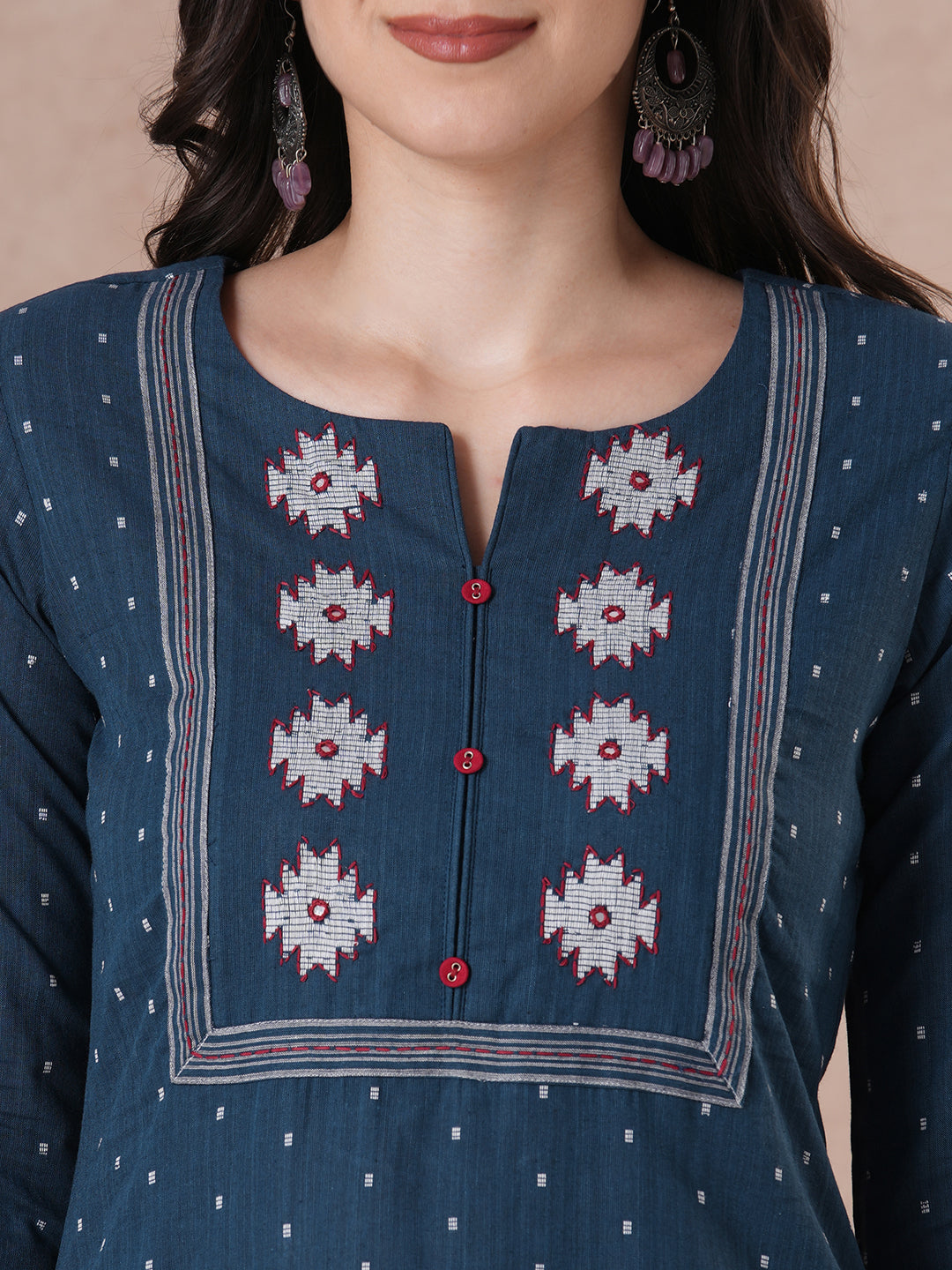 Straight Fit Cotton Printed Kurta with Elegant Embroidered Yoke & 3/4 Sleeves