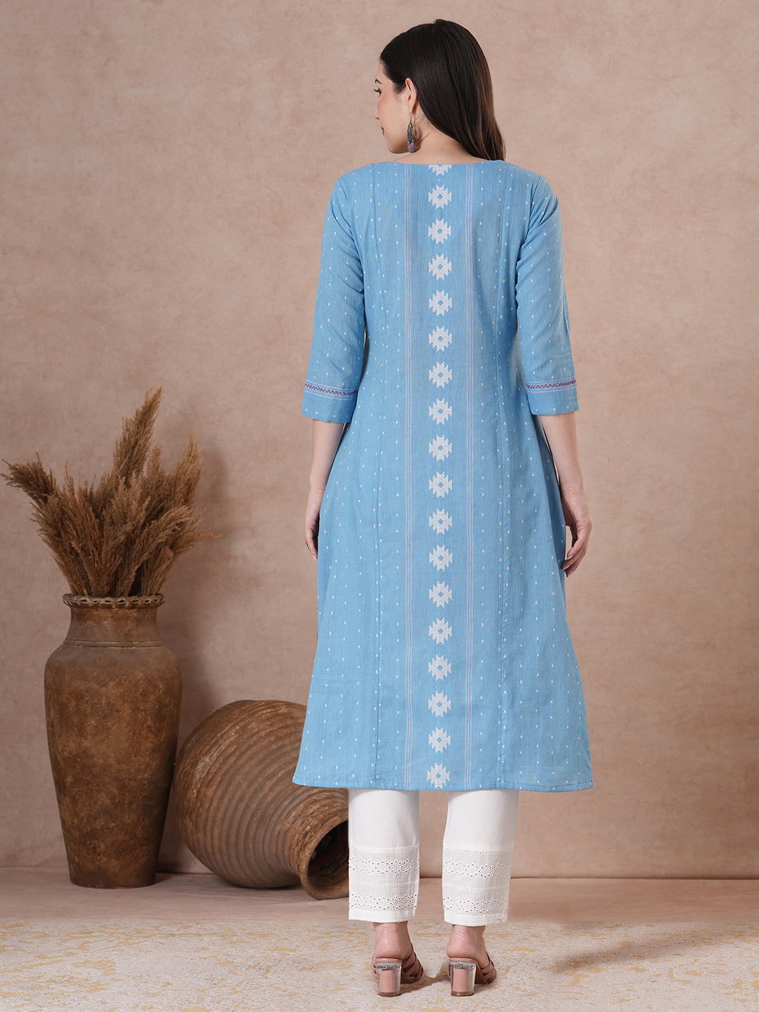 JOYLAND - A-Line Blue Cotton Kurta with Woven Texture, Embroidery & Mirror Work
