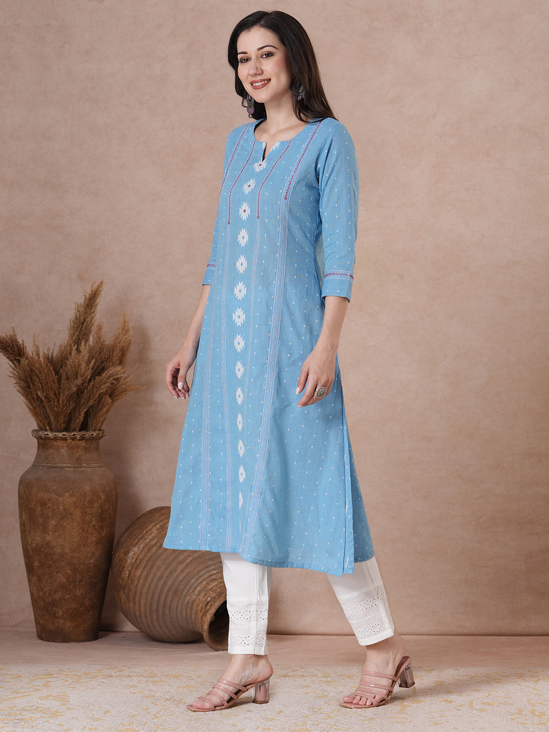 JOYLAND - A-Line Blue Cotton Kurta with Woven Texture, Embroidery & Mirror Work