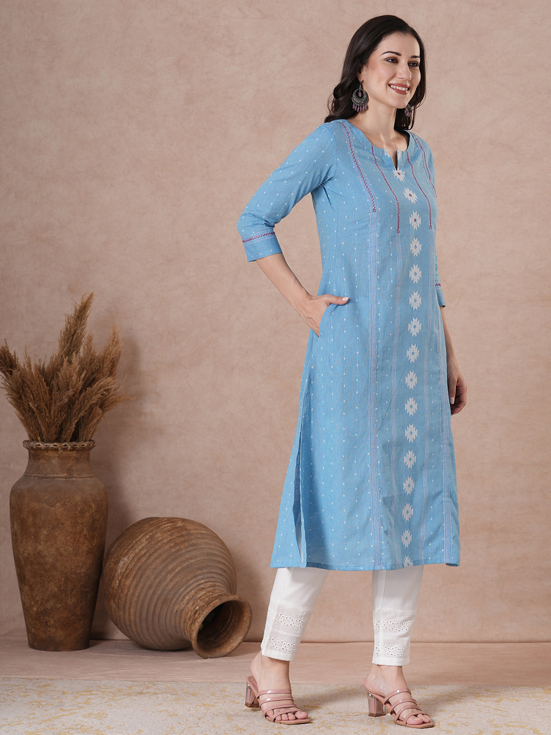 JOYLAND - A-Line Blue Cotton Kurta with Woven Texture, Embroidery & Mirror Work