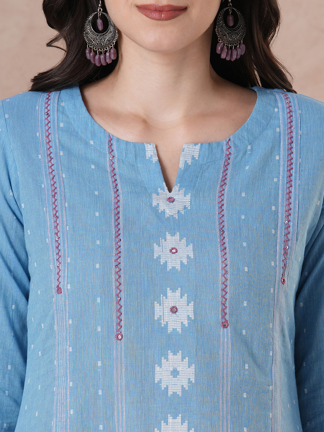 JOYLAND - A-Line Blue Cotton Kurta with Woven Texture, Embroidery & Mirror Work