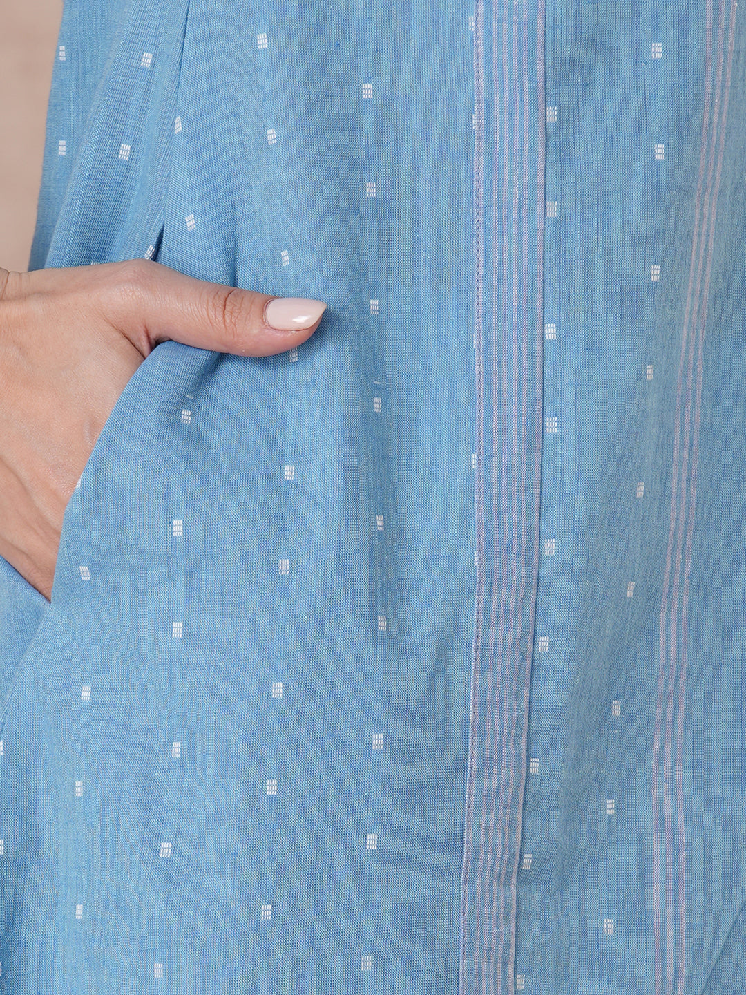 JOYLAND - A-Line Blue Cotton Kurta with Woven Texture, Embroidery & Mirror Work