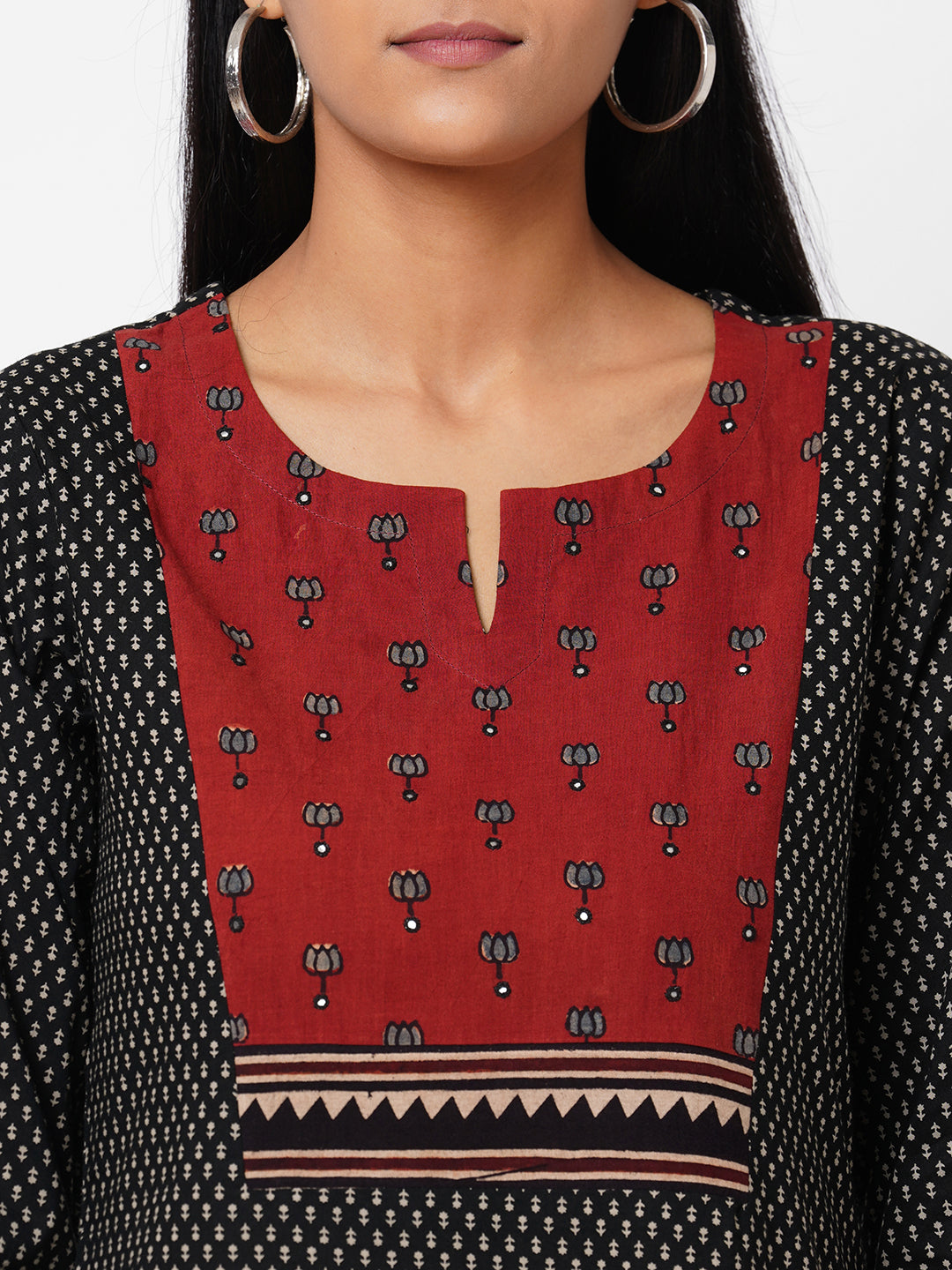 Stylish Cotton Printed Straight Kurta with Ajrakh Design and Mirror Work Yoke Accent