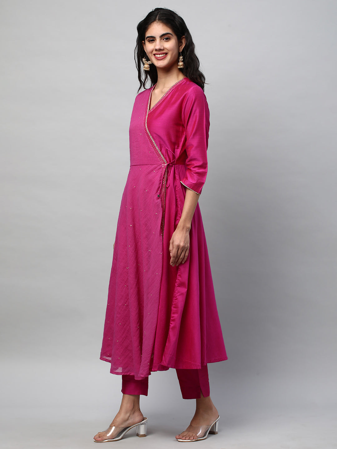 Party Edit- Silk blend kurta with embroidered lace and tassels detail
