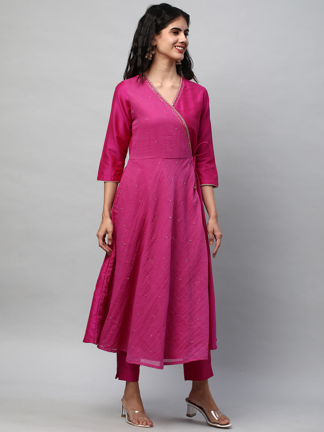 Party Edit- Silk blend kurta with embroidered lace and tassels detail